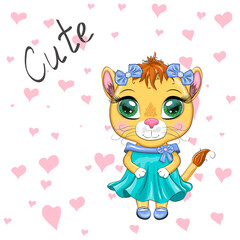 Cartoon lioness in a beautiful dress with bows and flowers. Girl character, wild animal with human traits