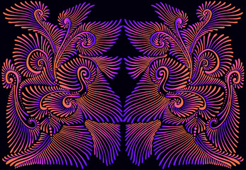 Kaleidoscope  mandala psychedelic trippy texture, bright electric blue, orange gradient color outline, black background.