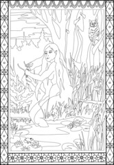 Mermaid with a comb sitting on a tree near the water. Digital coloring book, naked girl on the shore. Stylization. Graphic work with small details. 