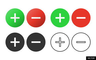 Plus and Minus icon or add and subtract symbol set for website, app, UI, isolated on white background. Vector illustration.