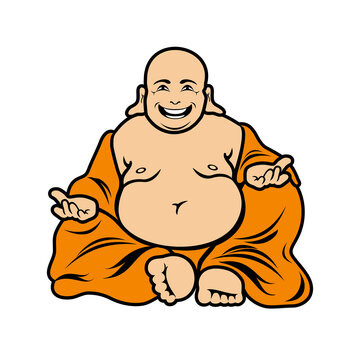 Cheerful fat sitting buddha icon vector. Laughing belly buddha icon vector isolated on a white background. Funny buddha man cartoon character