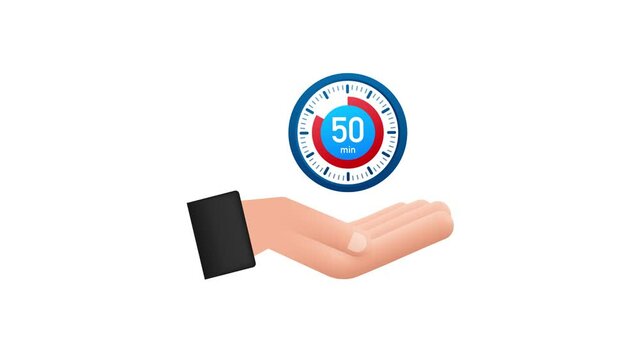 The 50 minutes, stopwatch with hands icon. Stopwatch icon in flat style, timer on white background. Motion graphics 4k
