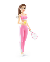 3d sporty woman holding tennis racket and ball