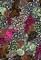 Seamless leopard pattern, animal print with flowers.