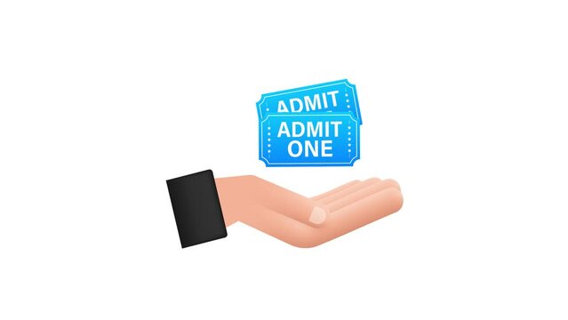 Realistic blue show ticket hanging over hands. Old premium cinema entrance tickets 4k