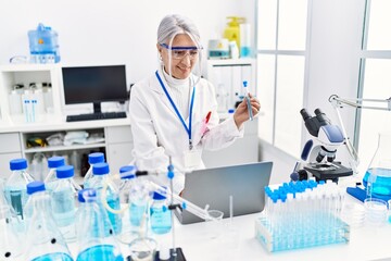 Middle age grey-haired woman wearing scientist uniform using laptop holding test tube at laboratory
