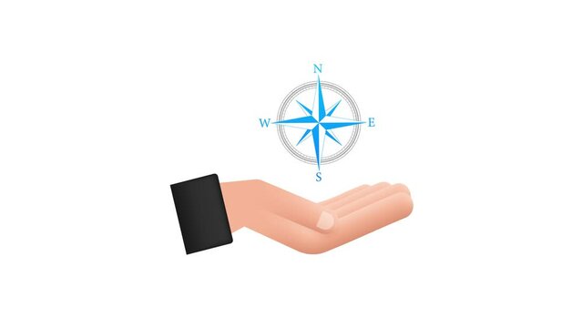 Compass icon over hands on white background. Flat Motion graphics navigation symbol. Motion graphics 4k