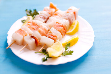 Tasty skewers of fresh fish with vegetables.