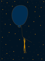 Abstract illustration. A human flies on a balloon through space. Blue and gold colors.