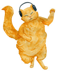 Fluffy ginger cat listens to music in headphones and dances. Watercolor illustration.