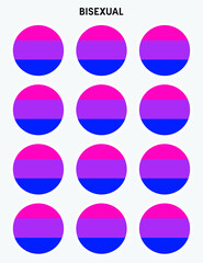 Set of pride flags, bisexual flags in the shape of a circle. Circle shaped sticker icon and LEBT symbols.