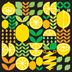 Abstract artwork of lemon fruit pattern icon. Simple vector art, geometric illustration of yellow citrus symbols, oranges, limes, lemonade and leaves. Minimalist flat modern design, black background.