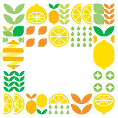 Minimalist flat vector frame, lemon fruit icon symbol. Simple geometric illustration of citrus, oranges, lemonade and leaves. Abstract design on black background. For copy space, social media posts.