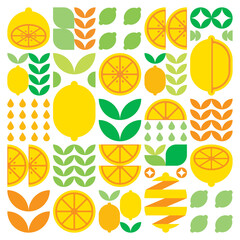 Abstract artwork of lemon fruit symbol icon. Simple vector art, geometric illustration of colorful citruses, oranges, limes, lemonade and leaves. Minimalist flat modern design on white background.