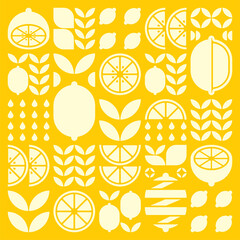 Abstract artwork of lemon fruit pattern icons. Simple vector art, geometric illustration of citrus, orange, lime, lemonade and leaves silhouettes. Minimalist flat modern design on yellow background.