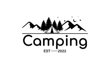 camping logos consisting of mountains, camp and trees line style isolated for explore emblem - obrazy, fototapety, plakaty