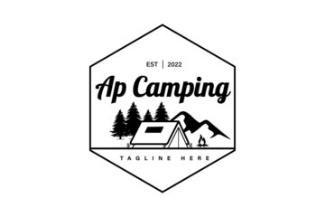 camping logos consisting of mountains, camp and trees line style isolated for explore emblem