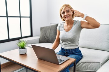 Middle age blonde woman using laptop at home smiling pointing to head with one finger, great idea or thought, good memory