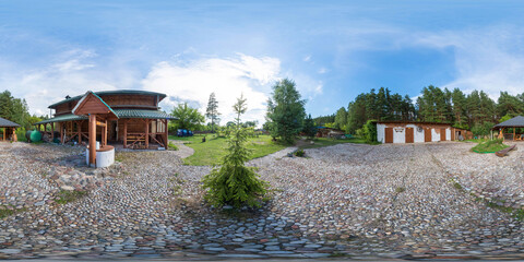 Full seamless 360 degree HDRI spherical panorama. House with a large green lawn, a bathhouse and a patio, an eco-farm for guests, sunny weather with blue sky