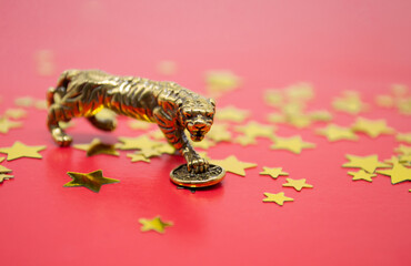 A bronze figure of a tiger with a coin - the symbol of the Chinese new year 2022 and luck,...