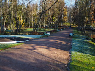 Historical monument. Autumn park, paths and trees. State Museum-Reserve Gatchina. Leningrad region,...