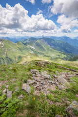 Beautiful nature. Mountain hiking Trail Road. Italy Lago Avostanis Casera Pramosio Alta