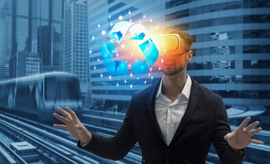 Double exposure image of businessman wearing VR glasses, a white shirt and black suit jacket with interacting with an Earth hologram on city blurred background.