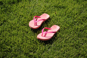 pink flip flop on grass