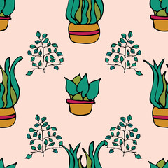 Vector white background plant in pot, succulents seamless pattern. Seamless pattern background