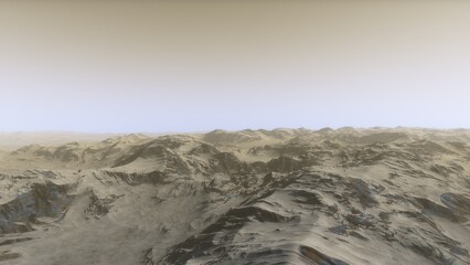 Mars like red planet, with arid landscape, rocky hills and mountains, for space exploration and science fiction backgrounds.
