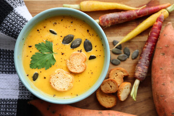 Pumpkin, sweet potato and carrot soup with croutons 