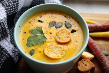 Pumpkin, sweet potato, carrot soup with croutons 