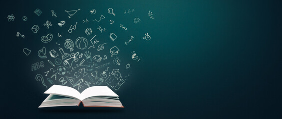 Education concept. Open books and hand drawn school doodle icons. Studying, knowledge, learning idea. Copy space. - 510279563