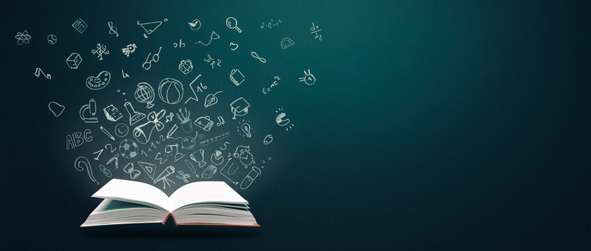 Education concept. Open books and hand drawn school doodle icons. Studying, knowledge, learning idea. Copy space.