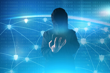 cyber spying, digital payment protection, software virus protection for mobile data and digital global connections,hacker with a tablet on background of binary code,Element of  image provided by NASA