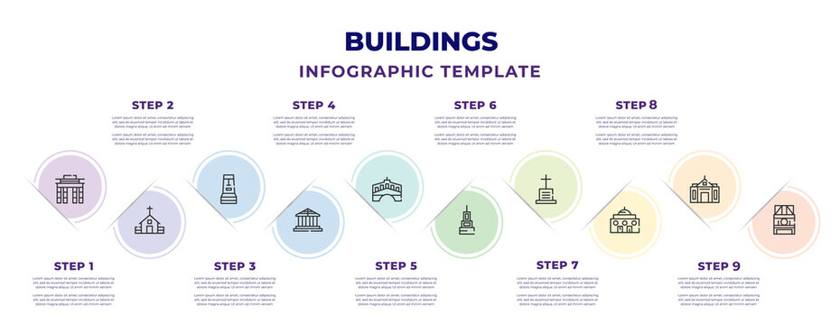 buildings infographic design template with brandenburg gate, chuch, rapa nui, greece, rialto bridge, buddist cemetery, christian cemetery, gurdwara, notre dame icons. can be used for web, banner,