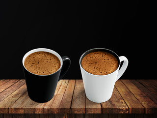 3D illustration. Black and white porcelain mugs with coffee isolated on wooden background