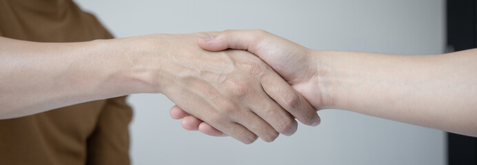 Fototapeta premium Financial accountants and marketers shaking hand to congratulate the double-digit real estate performance, Meetings or hand shake concept.