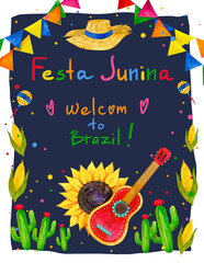 Festa Junina poster on blue background. Brazilian June Festival. Hand drawn watercolor illustration. Guitar Cactus Sunflower Flag Maracas Corn Cowboy Hat. Design for greeting card, Invitation, flyer.