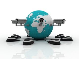 Fototapeta premium 3d rendering globe connected mouse under CCTV camera
