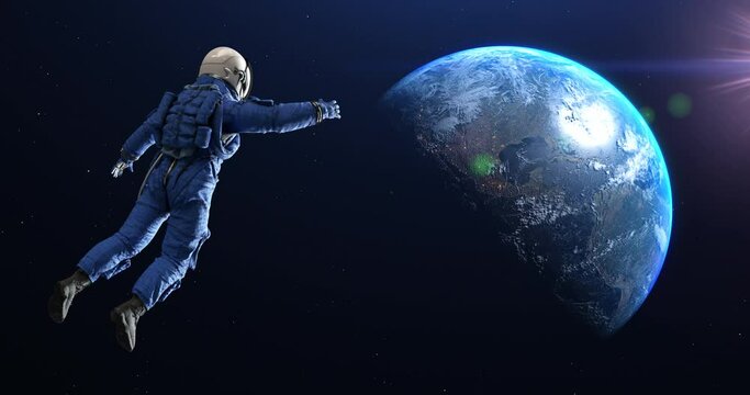 An Astronaut Space Walking Around Space Station. Planet Earth Is Visible. Space And Technology Related 4K 3D Animation.