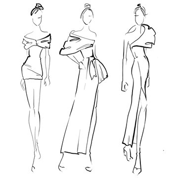 Sketch Fashion Event Illustration on a white background Woman in evening dress croquis, an easy style of fashion illustration. 