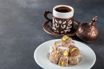 Traditional pistachio Turkish delight and Turkish coffee
