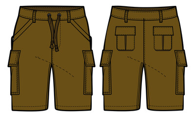 Chino Cargo Shorts design flat sketch vector illustration, Utility casual shorts concept with front and back view, printed Cargo utility bermuda shorts design illustration