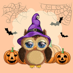 Cute owl in purple witch hat. Happy Halloween poster, greeting card, postcard.