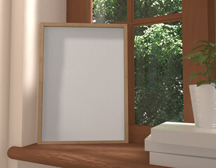 Mockup with empty wooden picture frame on a windowsill with plant, 3D rendering, 3D illustration