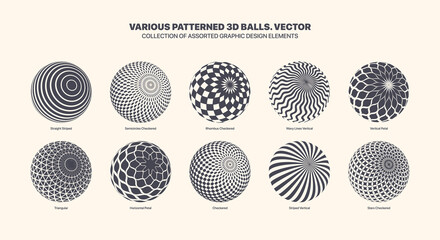 Assorted Various Vector Patterned 3D Balls In Tilted Position Set Isolated On White Background. Black White Graphic Variety Three Dimensional Spheres With Different Patterns Design Elements Collection