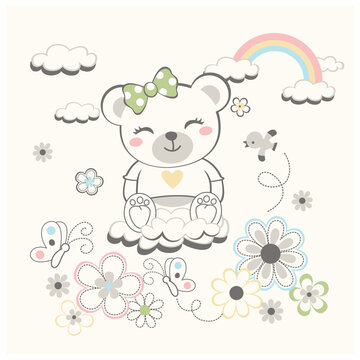 Cute teddy bear with beautiful flower vector illustration