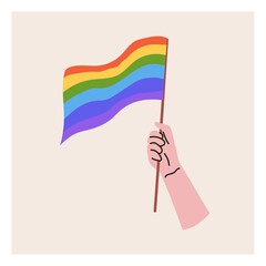 A hand holds an LGBT flag. Pride month, LGBT flag, rainbow. Flat vector illustration