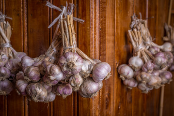 Garlic bundle is hanging on a wooden wall